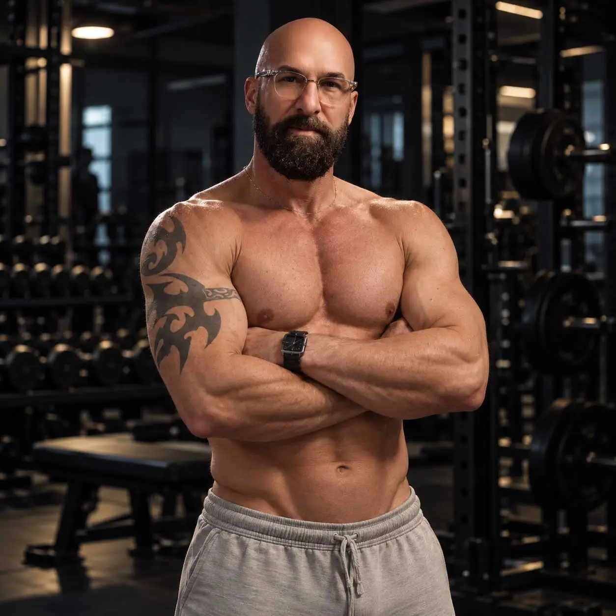 Shane Earn, shirtless with arms crossed, in a gym